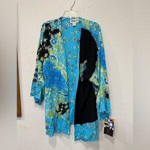 We Be Bop Blue Floral Button Front Kimono Jacket Crinkle Boho Art Wear Sz 14